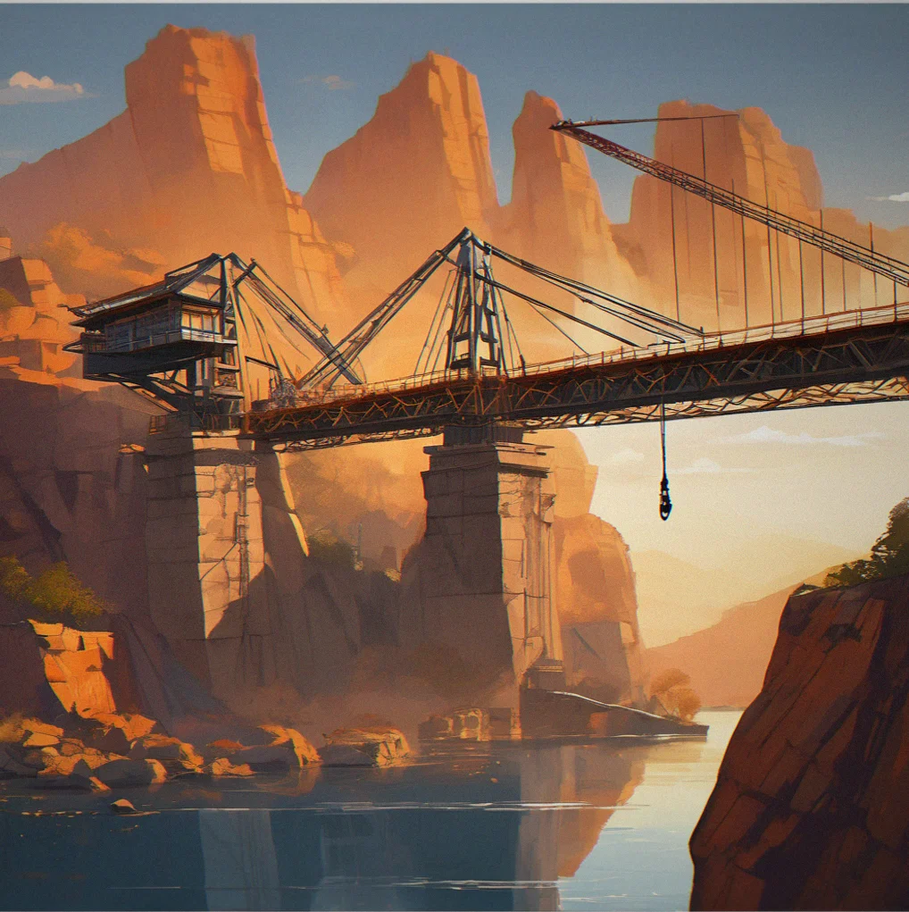 You've unlocked suspension cables now. They hang from stone towers above a chasm with water moving below.