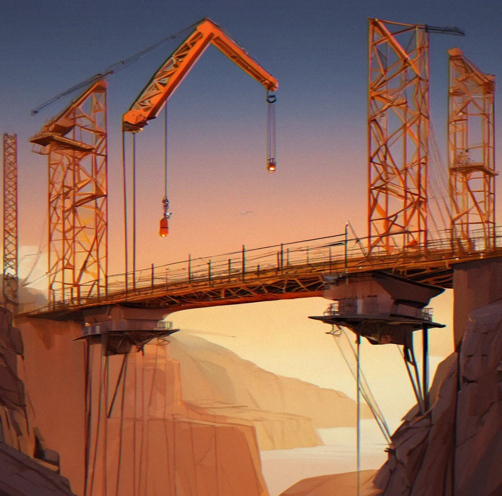 The ground is shifting under you in real-time. Half-finished bridge spanning a landscape that won't stay still.