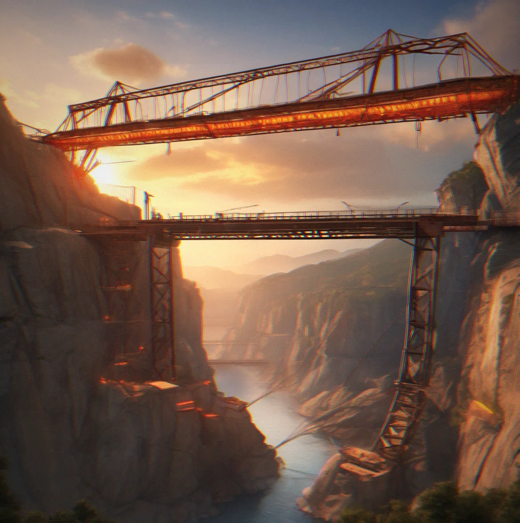 Bridge is done. You can see the structural integrity stats and a notification for the new cable matreial you unlocked.