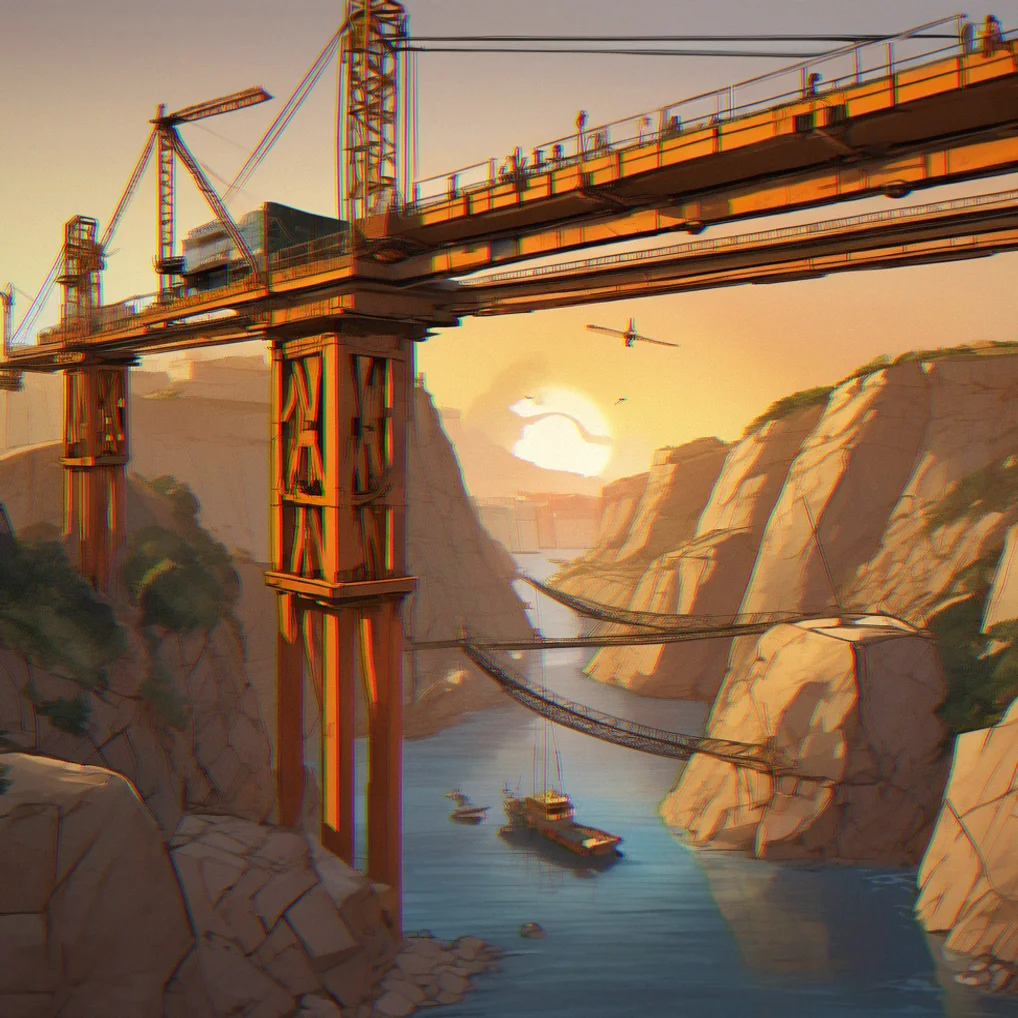 Spinning stone blocks and rotating pillars blocking paths, forcing you to route your bridge around constantly moving barriers