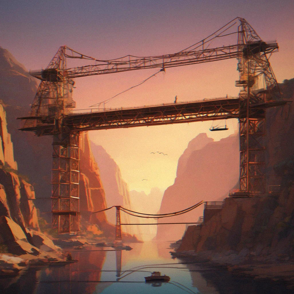 A bridge mid-construction spanning a deep chasm, with suspension cables visible and a countdown timer in the corner of the screen