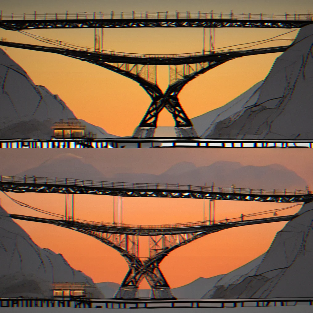 Split-screen comparison of the same chasm span with basic steel supports versus suspension cables, showing doubled span distance