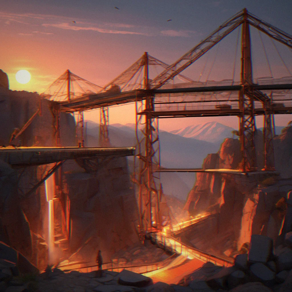 Complex terrain scenario with rotating stone pillars, unstable ground tiles, and a bridge mid-construction using reinforced steel with dynamic supports active